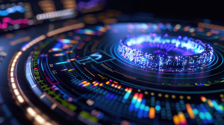 A stunning close-up view of a futuristic data visualization featuring colorful circles and intricate lines on a dark background, representing advanced technology and innovation.の素材