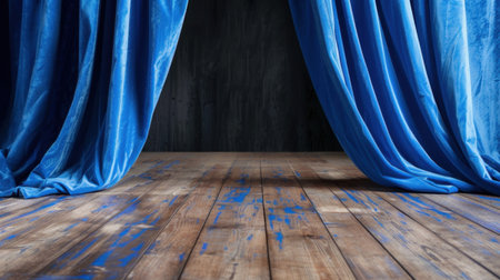 A captivating scene showcasing blue velvet curtains draped elegantly over a rustic wooden floor, perfect for theatrical or artistic backdrops in photography.の素材