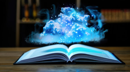 An open book with glowing mystical cloud hovering above its pages, evoking a sense of magic and imagination, perfect for educational themes and creative projects.の素材