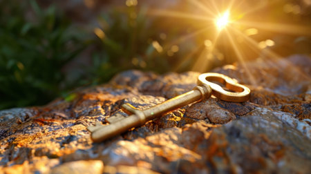 This captivating image features a golden key resting on a textured rock, illuminated by delicate sunlight at dawn. Nature surrounds the scene, creating a sense of mystery.の素材