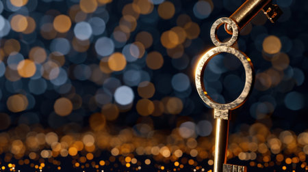 A vintage key stands elegantly against a colorful bokeh background, adorned with sparkling light flares. This artistic composition evokes mystery and charm.の素材
