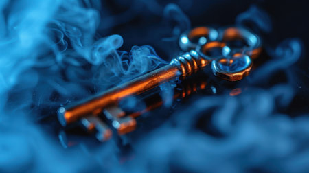 A captivating vintage key lies on a reflective surface, enveloped by ethereal blue smoke, creating an atmosphere of mystery and elegance in this exquisite composition.の素材