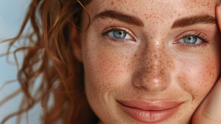 A beautiful close-up portrait capturing a young woman with freckles and blue eyes. She exudes warmth and authenticity, highlighted by natural light.の素材