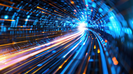 This captivating image showcases a vibrant tunnel of lights, illustrating the fast-paced flow of digital data and technology, emphasizing modern innovation.の素材