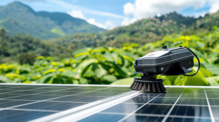 A modern robotic cleaner is actively maintaining solar panels in a vibrant green setting, surrounded by picturesque mountains and a clear sky, signifying innovative renewable energy practices.の素材