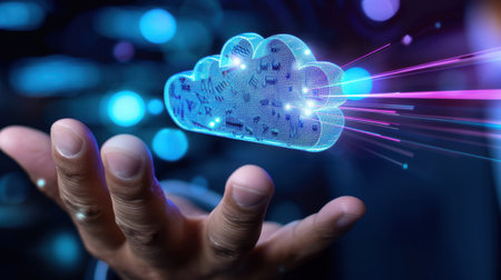 A futuristic hand reaching out to a holographic cloud symbolizing digital data storage and networking solutions, showcasing modern technology.の素材