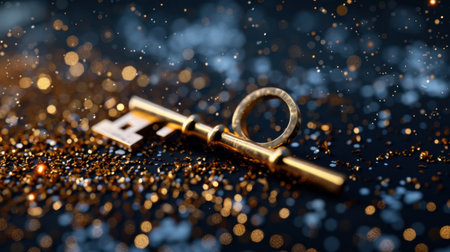 A stunning golden key placed on a dazzling background filled with sparkling glitter and a beautiful bokeh effect, perfect for themes of luxury and mystery.の素材
