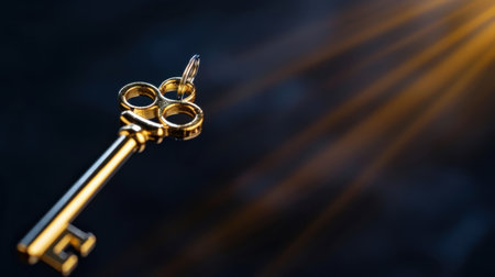 A glimmering golden key hovers in the air, illuminated by dramatic rays of light. This captivating image symbolizes opportunity and the potential to unlock new paths.の素材