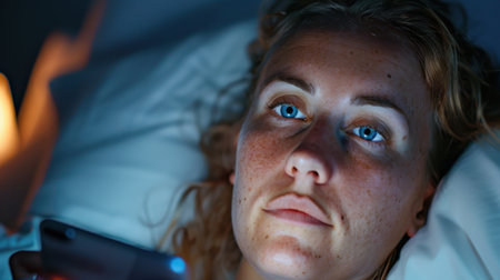 A serene close-up of a woman in bed using her smartphone at night, showcasing her blue eyes, freckles, and calm demeanor under soft lighting.の素材