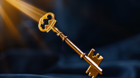 This image features a vintage golden key illuminated by a radiant light against a dark background. It symbolizes secrets, opportunities, and unlocking new possibilities, making it ideal for concepts of discovery and adventure.の素材