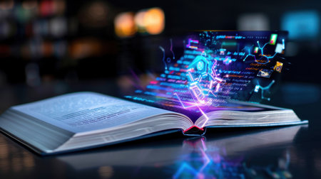 An open book displays vibrant digital data streams, blending traditional literature with modern technology in a captivating, futuristic scene.の素材