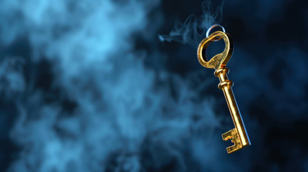 A stunning golden key illuminated against a backdrop of swirling smoke, symbolizing mystery and the unlocking of secrets. Captivating and evocative, it invites exploration.の素材