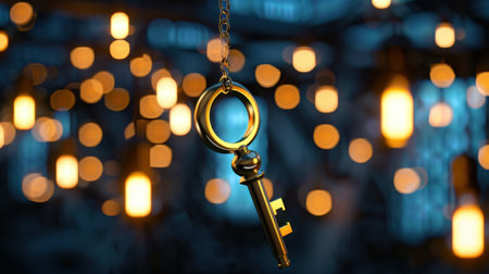 A stunning golden key hangs delicately against a backdrop of softly blurred lights, creating an enchanting and dreamy atmosphere perfect for themed projects.の素材