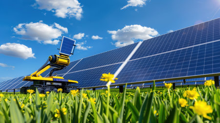 A vibrant solar panel field features a robotic arm positioned among blooming yellow flowers, showcasing advancements in renewable energy technology under a clear blue sky.の素材