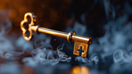 A stunning vintage golden key with an elaborate design is featured amid swirling smoke, creating an aura of mystery and allure that captivates viewers.の素材