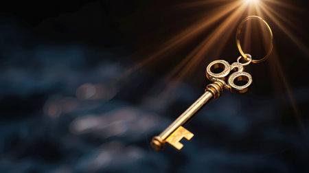 A captivating golden vintage key hangs from a keychain, shining brilliantly against a dark background, evoking themes of mystery and elegance.の素材