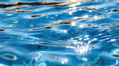 This image captures the serene beauty of a glimmering water surface reflecting sunlight, showcasing gentle ripples and a vibrant blue hue ideal for serene backgrounds.の素材