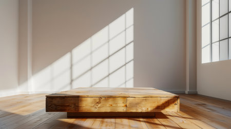 A minimalistic interior space featuring a wooden platform illuminated by natural light, casting geometric shadows across a warm wooden floor.の素材