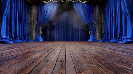 This image features a dramatic stage setting with rich blue curtains and a polished wooden floor. Perfect for performance art or event showcases.の素材