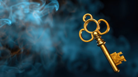 This captivating image features a golden antique key floating among wisps of mystical blue smoke, creating an enchanting atmosphere of mystery and intrigue.の素材