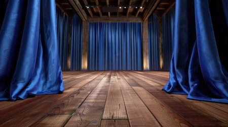 A beautifully designed stage area featuring rich blue curtains and polished wooden flooring, perfect for theatrical performances or events.の素材