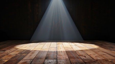 A captivating spotlight shines down on a rustic wooden floor in a dark studio, creating an enchanting atmosphere perfect for creative photography and artistic projects.の素材