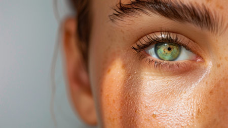 This close-up shot captures the stunning details of a female eye with a striking green iris, freckles, and smooth skin, showcasing natural beauty.の素材