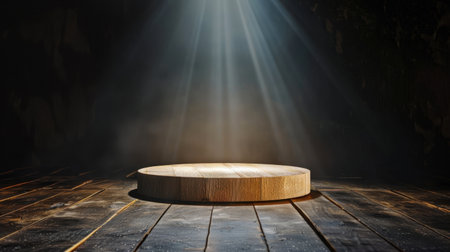 A beautifully crafted wooden circular platform illuminated by soft light rays creates a dramatic atmosphere in a darkened room, perfect for showcasing products or presentations.の素材