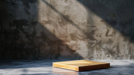 A minimalist setting featuring a wooden platform illuminated by dramatic light, casting deep shadows on a textured wall, perfect for creative displays.の素材