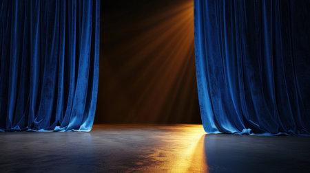 This captivating image features a dramatic blue curtain parting to reveal a bright spotlight in an empty theater space, evoking anticipation and excitement for an upcoming performance.の素材