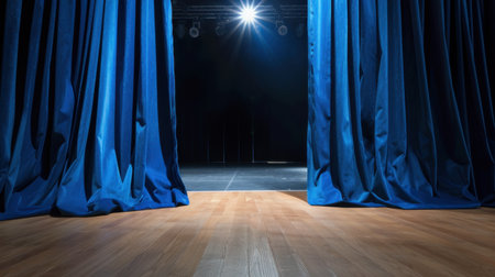 This captivating image showcases open blue curtains in a theater, revealing a bright spotlight on an empty stage, creating a dramatic ambiance.の素材