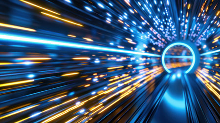This imaginative image depicts a futuristic light tunnel filled with dynamic glowing particles in vibrant blue and yellow colors, creating a captivating visual experience.の素材