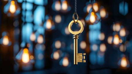 A beautiful golden key hangs in front of softly glowing vintage light bulbs against a dark backdrop, evoking a sense of mystery and elegance.の素材