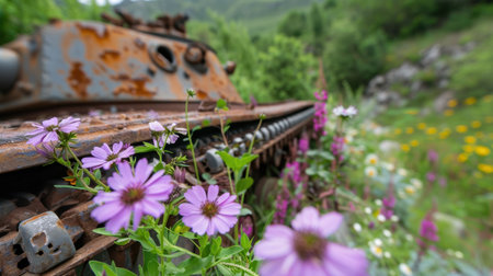 A captivating photograph of a rusty tank adorned with vibrant wildflowers against a lush green backdrop, showcasing nature's reclaiming beauty.の素材