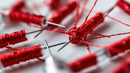 A striking close-up image featuring vibrant red thread spools and needles arranged artistically on a white surface, ideal for sewing and craft themes.の素材