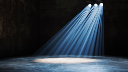 This image features dramatic stage lighting with bright rays illuminating an empty floor in a darkened industrial setting, creating a striking visual atmosphere.の素材