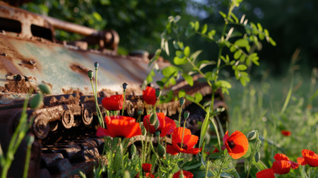 A stunning image capturing the contrast between an abandoned tank and vibrant red poppies in a lush green field, symbolizing nature's resilience and beauty.の素材
