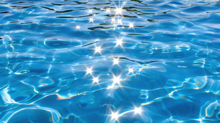 A stunning image of a sparkling blue water surface showcasing captivating sunlight reflections, creating a serene and tranquil atmosphere ideal for relaxation.の素材