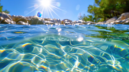A serene view of sunlight reflecting on a clear water surface, surrounded by vibrant rocks and lush greenery, ideal for nature-themed projects.の素材