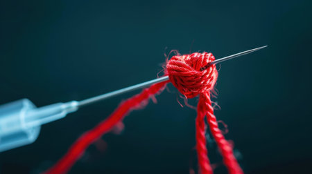 A captivating close-up image of a sewing needle perfectly threaded with red thread against a dark backdrop, showcasing precision in crafting.の素材
