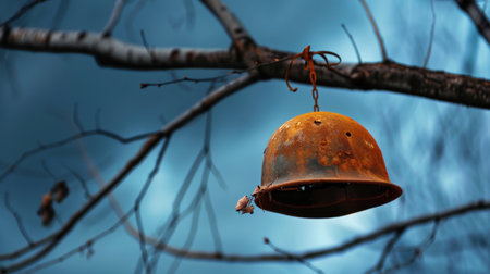 A striking image of a rusty iron bell suspended from a bare tree branch, set against a dramatic cloudy sky, capturing a sense of solitude and nostalgia.の素材