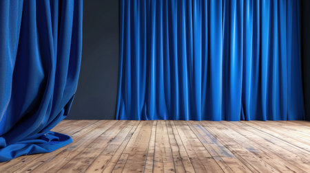 This captivating image features elegant blue curtains draped gracefully in a modern stage setting, complemented by a warm wooden floor and soft lighting.の素材