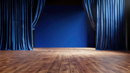 A stunning view of an elegant theater stage featuring rich blue curtains. The wooden floor creates a warm ambiance, perfect for performances and presentations.の素材