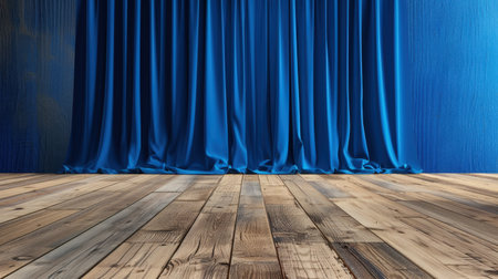 A stunning arrangement of luxurious blue curtains cascading gracefully over a rustic wooden floor, perfect for photography backdrops and creative projects.の素材