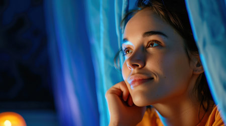A young woman gazes thoughtfully through sheer curtains, illuminated by soft light. Her serene expression captures a moment of relaxation and introspection in a cozy indoor atmosphere.の素材
