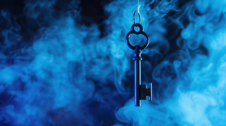 A captivating image of a vintage key suspended in swirling blue smoke, creating a sense of mystery and intrigue. The dark background enhances the key's metallic texture, inviting curiosity and imagination.の素材