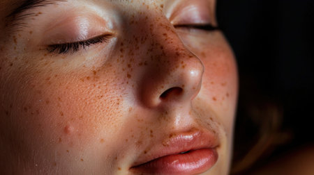 This close-up portrait showcases a young woman's serene expression, highlighting her natural beauty and unique freckles against soft lighting.の素材