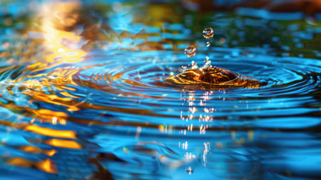 A mesmerizing close-up image capturing a single water droplet creating ripples on a vibrant blue water surface, enhanced by colorful reflections and a soft bokeh background.の素材