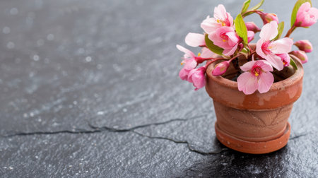 A charming small clay pot featuring delicate pink flowers against a dark textured surface, ideal for enhancing any home decor or floral arrangement.の素材