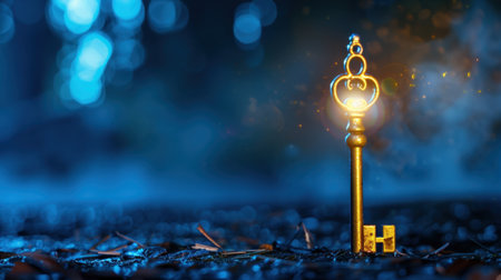 A captivating vintage key emits a soft glow in a dark, enchanting setting, surrounded by beautiful bokeh effects that create a mystical ambiance.の素材